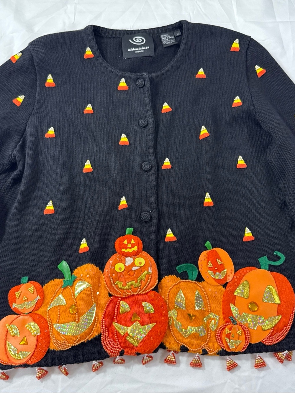 Vintage Michael Simon Halloween Cardigan Sz M, Beaded Pumpkin Embellished - Picture 7 of 15